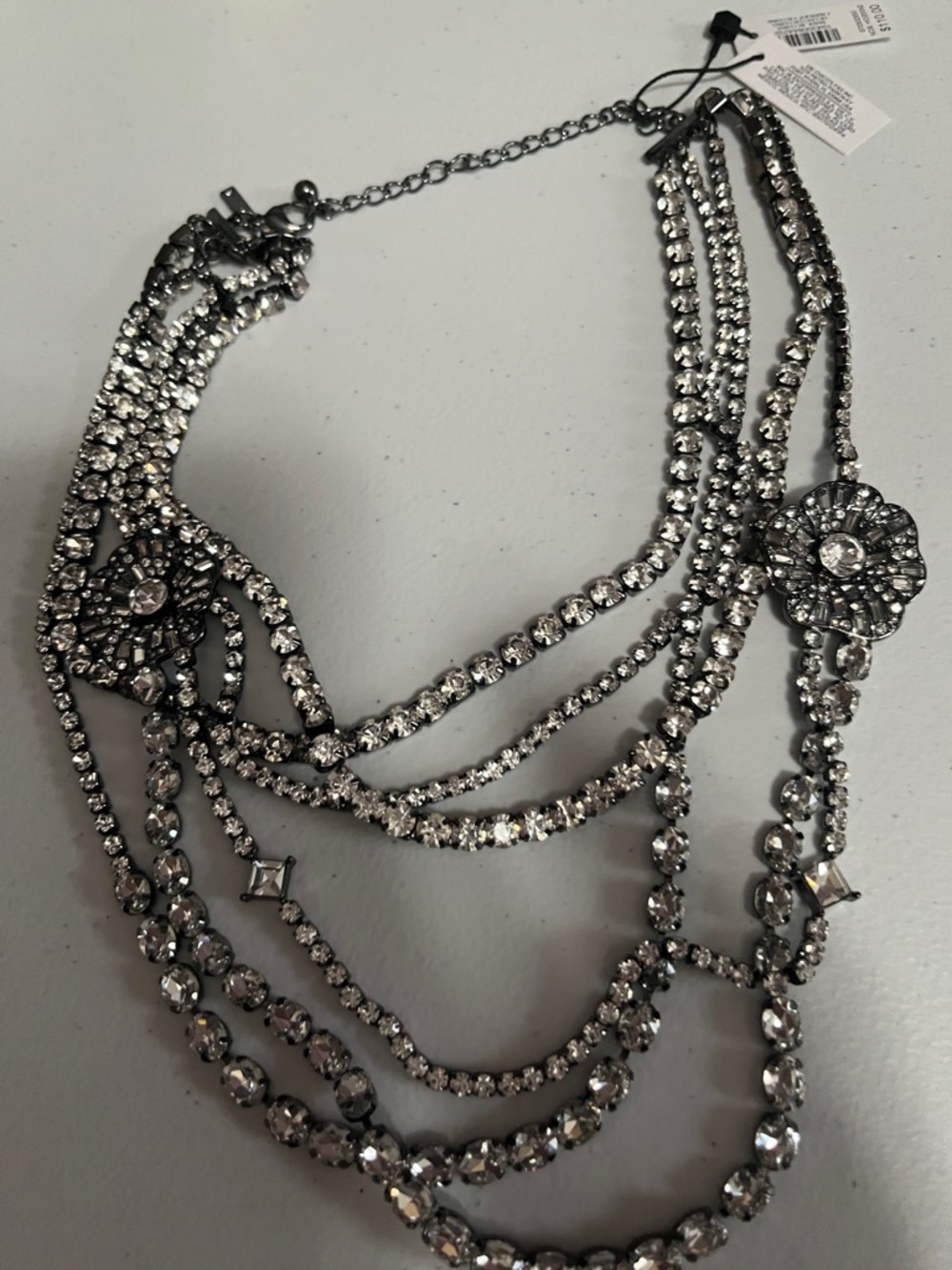 Chico's Multi-Strand Silver Crystal Floral Necklace